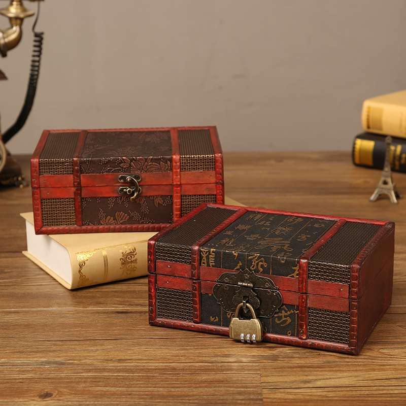 中式复古收纳盒带锁桌面证件储物盒化妆品饰品首饰盒木盒子密码盒产品图