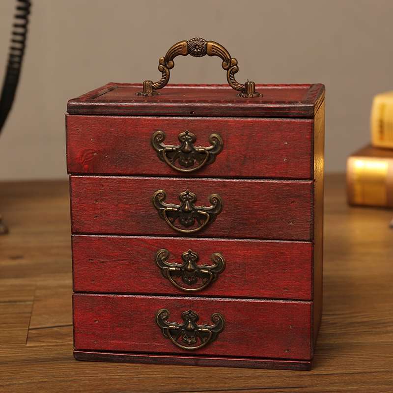 复古木质首饰盒抽屉式古风中国风梳妆台发簪饰品珠宝收纳盒梳妆盒