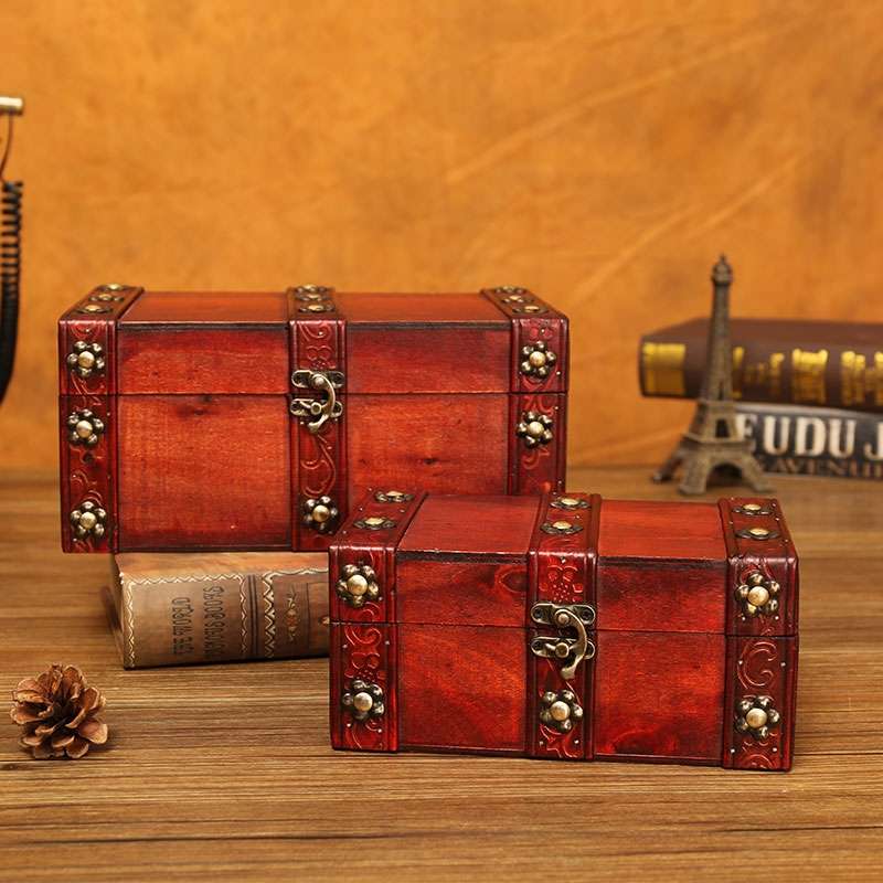 复古收纳箱家用小号杂物整理储物箱带锁密码桌面收纳盒实木小箱子