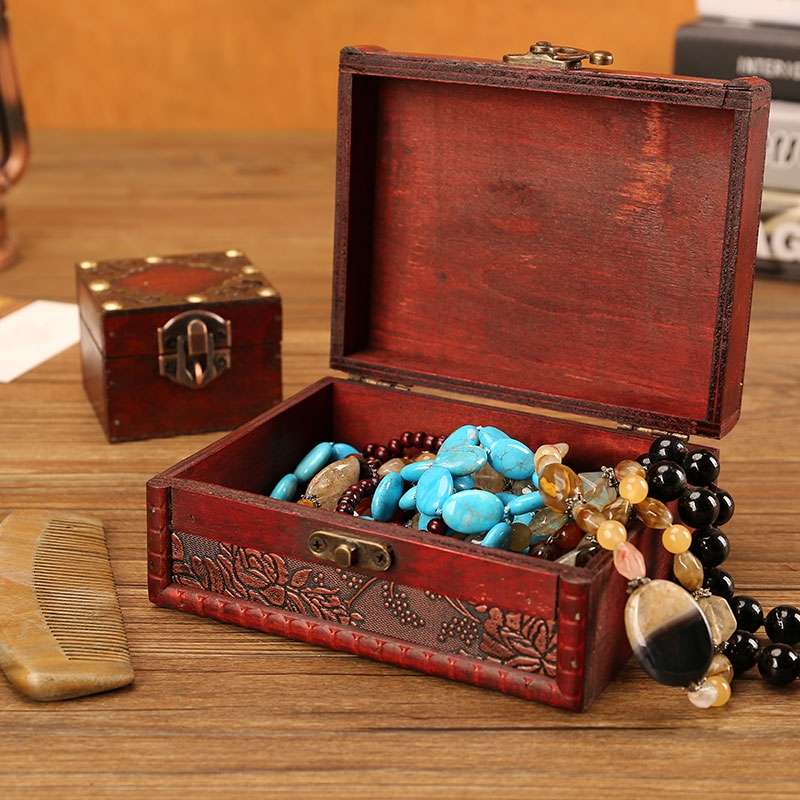 复古小木盒带锁桌面项链珠宝饰品首饰盒杂物整理储物收纳盒包装盒细节图
