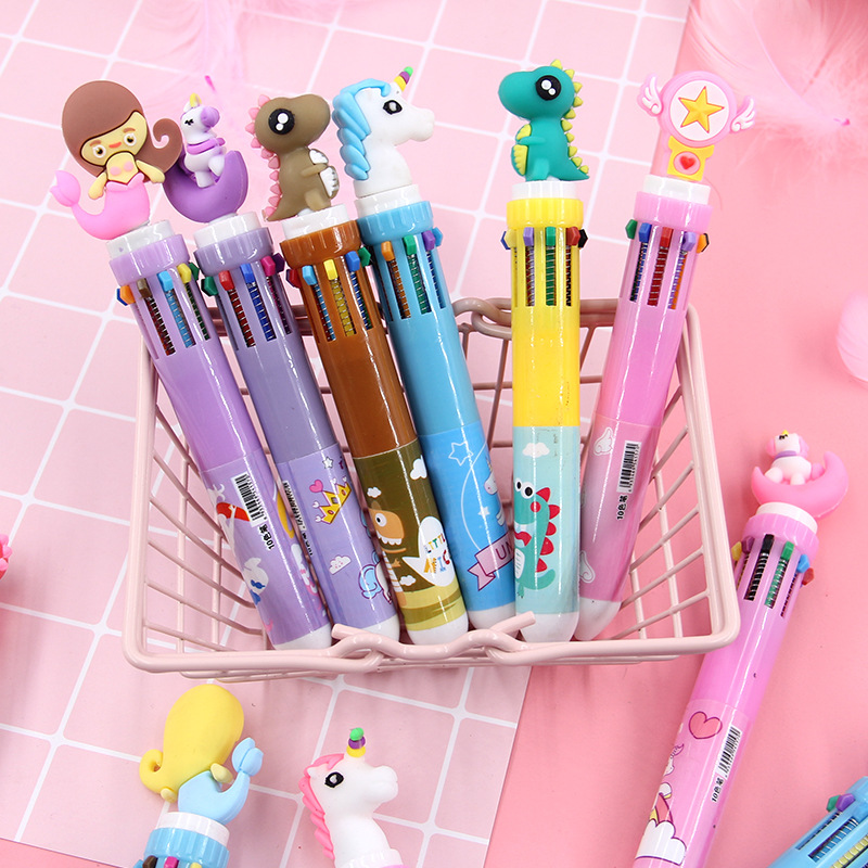A cute cartoon multi-color press ballpoint pen with a cute design. Ten-color ballpoint pen, a multi-functional student notebook pen details Picture