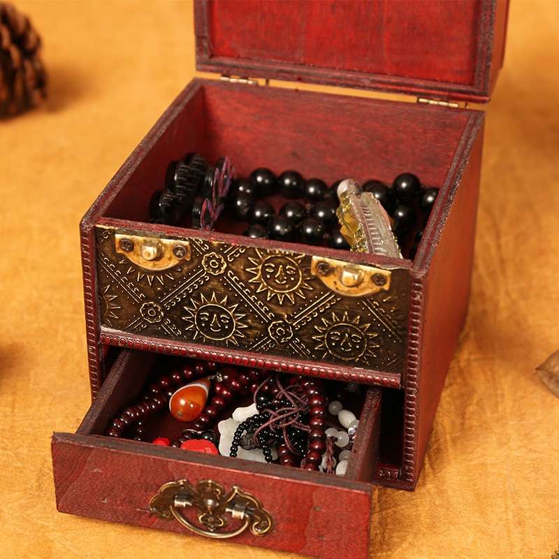 复古首饰盒木质桌面整理带镜子梳妆盒项链珠宝饰品手饰收纳盒礼盒白底实物图