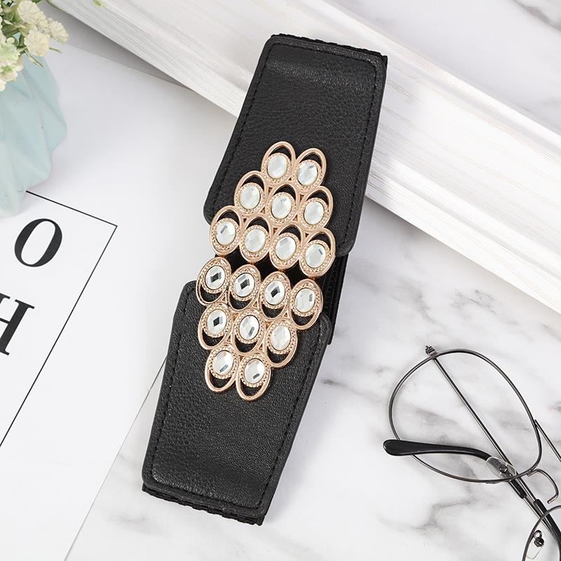 Ladies' decorative wide waistband, versatile and fashionable Korean style button-down elastic belt with down jacket dress belt, young dance waistband, dance elastic belt with crystal and water diamond, 282 Item Picture