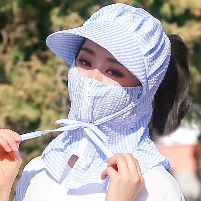 [Sunscreen and Breathable] Summer sun mask for women thin breathable dustproof windproof Neck protection sun hat for children (Blue stripe) thumbnail