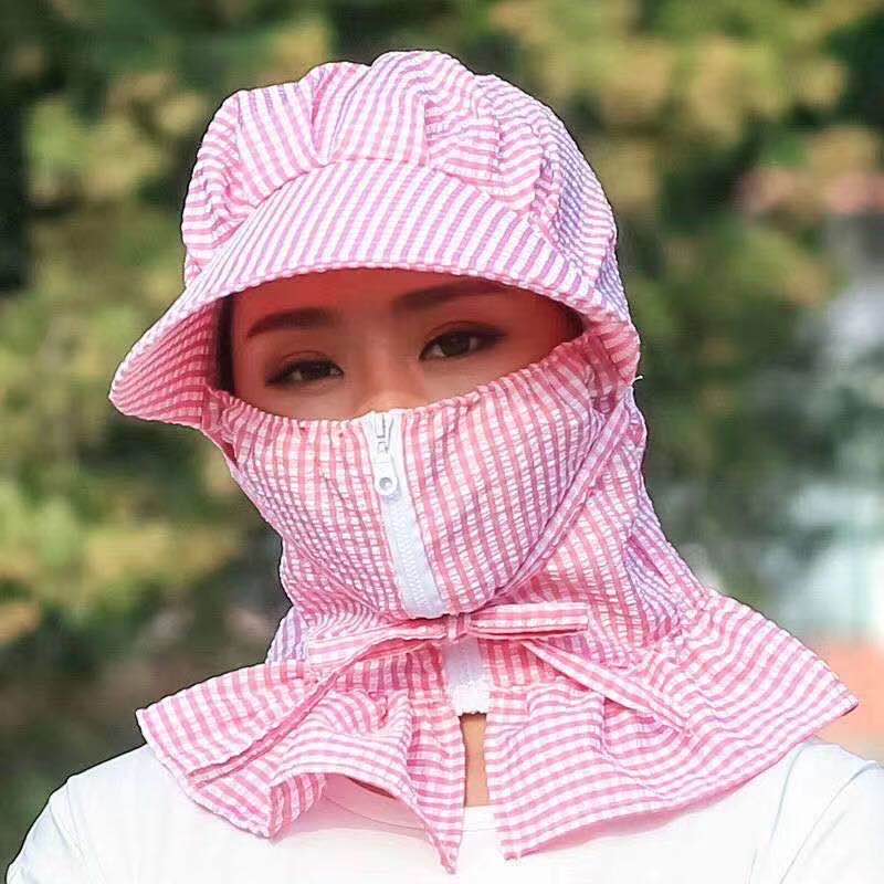 [Sunscreen and Breathable] Summer sunscreen mask for women thin breathable dustproof windproof Neck protection sun hat for children (powder check) thumbnail