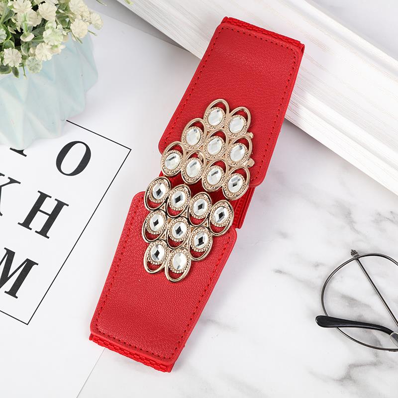 Ladies' decorative wide waistband, versatile and fashionable Korean style button-down elastic belt with down jacket dress belt, young dance waistband, dance elastic belt with crystal and water diamond, 282 details Picture