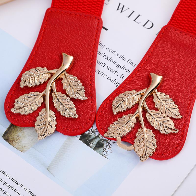 Ladies' wide waist belt, versatile and fashionable Korean-style button-down elastic elastic belt with down jacket dress belt, young dance waist belt, dance elastic elastic skirt belt A038 leaf Application Scenario