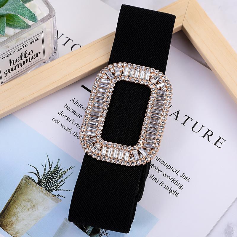 Ladies' wide waistband, versatile and fashionable Korean-style button-down elastic belt with down jacket dress belt, young dance waistband, dance elastic belt with crystal and water diamond, A015 undefined