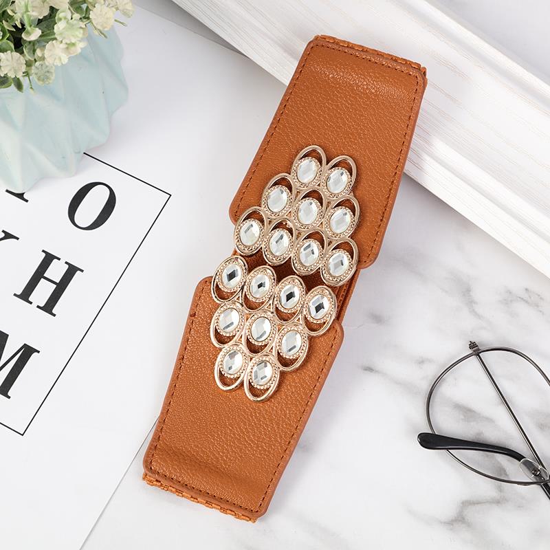 Ladies' decorative wide waistband, versatile and fashionable Korean style button-down elastic belt with down jacket dress belt, young dance waistband, dance elastic belt with crystal and water diamond, 282 undefined