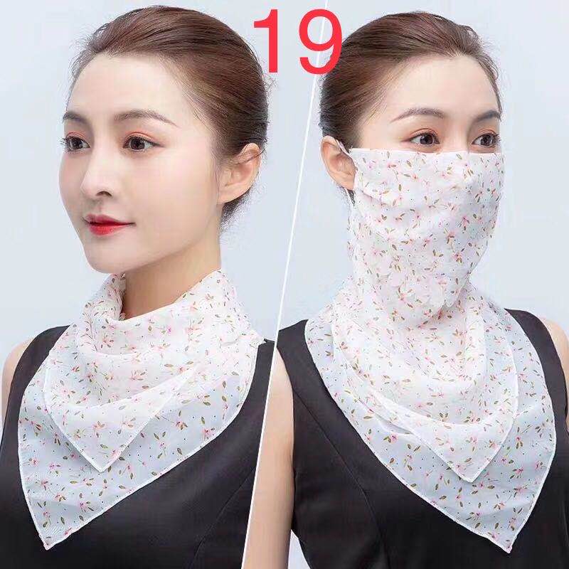 Spring/summer sun silk scarf, scarf, large face mask, female neck protection, breathable, full face protection, sun mask, UV protection, chiffon thin (white with broken flowers) thumbnail