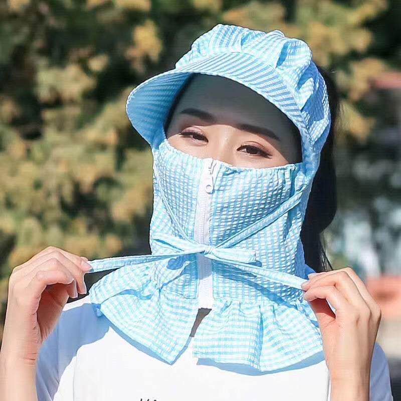 [Sunscreen and Breathable] Summer sun mask for women thin breathable dustproof windproof neck protection sun hat for children (Lake blue check) thumbnail