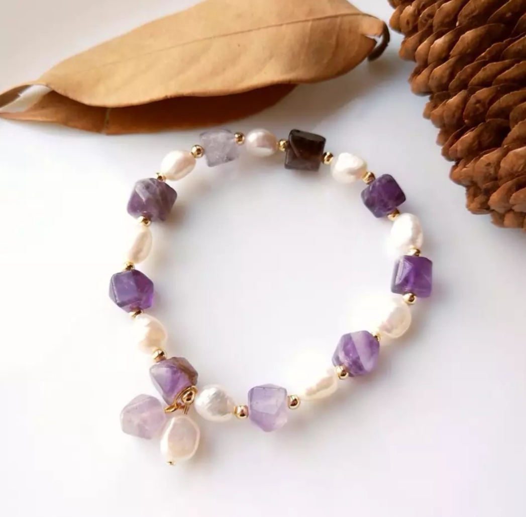 6-7mm small Baroque pearl bracelet, amethyst, lemon jade, pink tourmaline, ruby elastic bracelet, suitable for ladies or girls