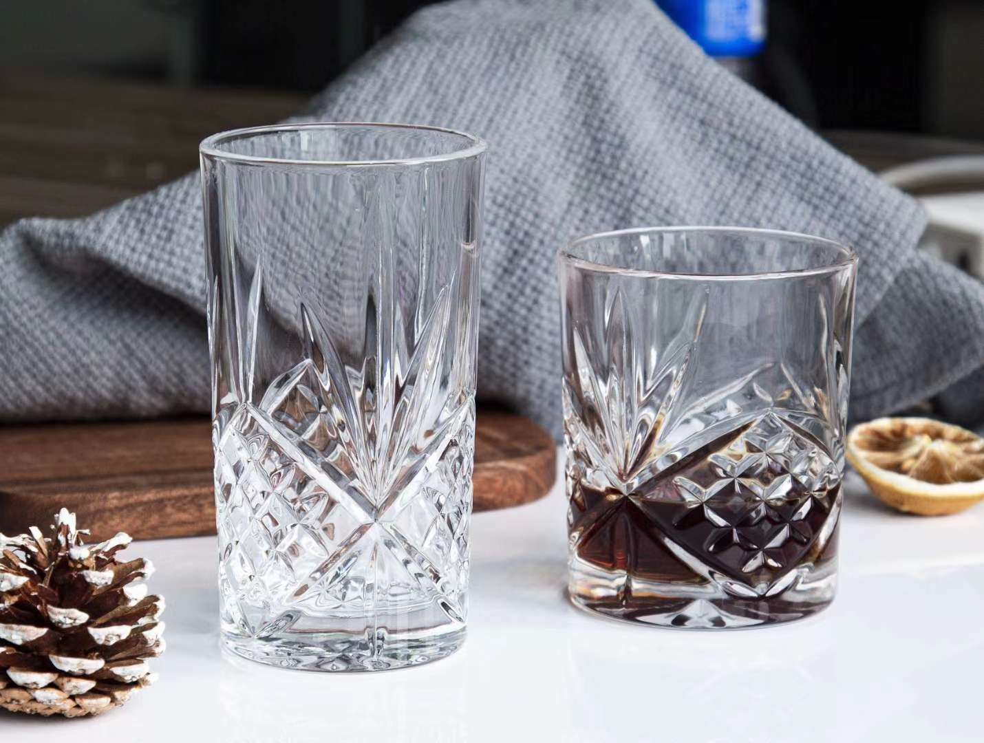 High and low cups, whisky cups, beverage cups, glass cups