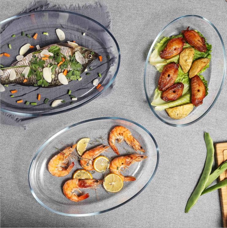 钢化耐热玻璃盘子椭圆形烤盘家用透明鱼盘菜盘汤盘微波炉烤箱可用