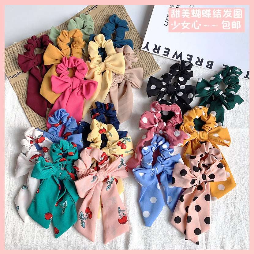 Super fairy chiffon bow hair rope sweet celebrity wind ribbon hair ring rope web celebrity rubber band Korean hair accessories thumbnail