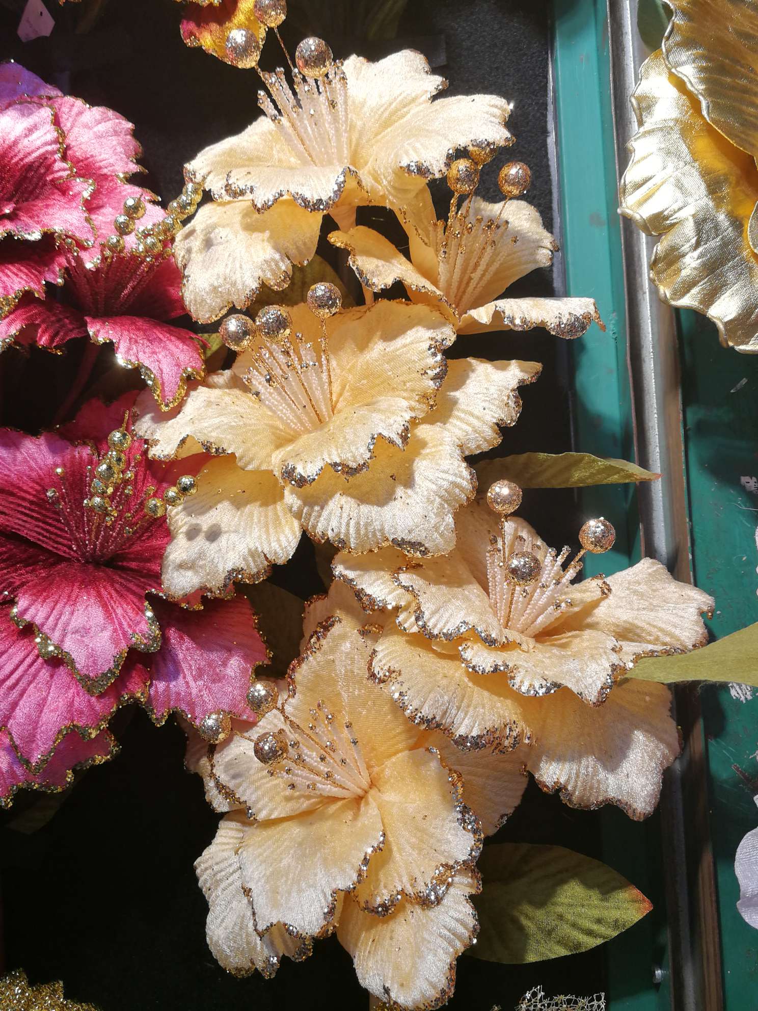 864号牡丹圣诞节装饰品 金粉花藤条花环花 门窗圣诞花厂家批发