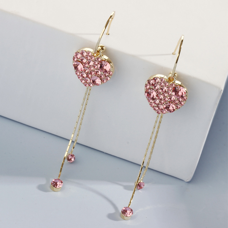 Pink diamond heart-shaped tassel earrings details Picture