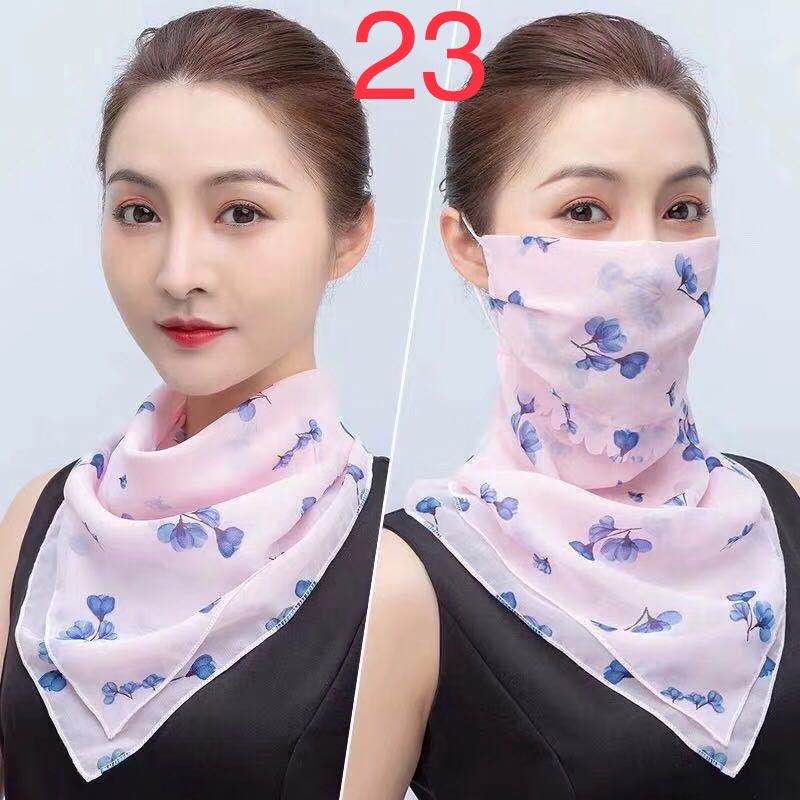 Spring/summer sun silk scarf, neck mask, female neck protection, breathable, full face protection, sun mask, ULTRAVIOLET light chiffon thin (flower powder blue)