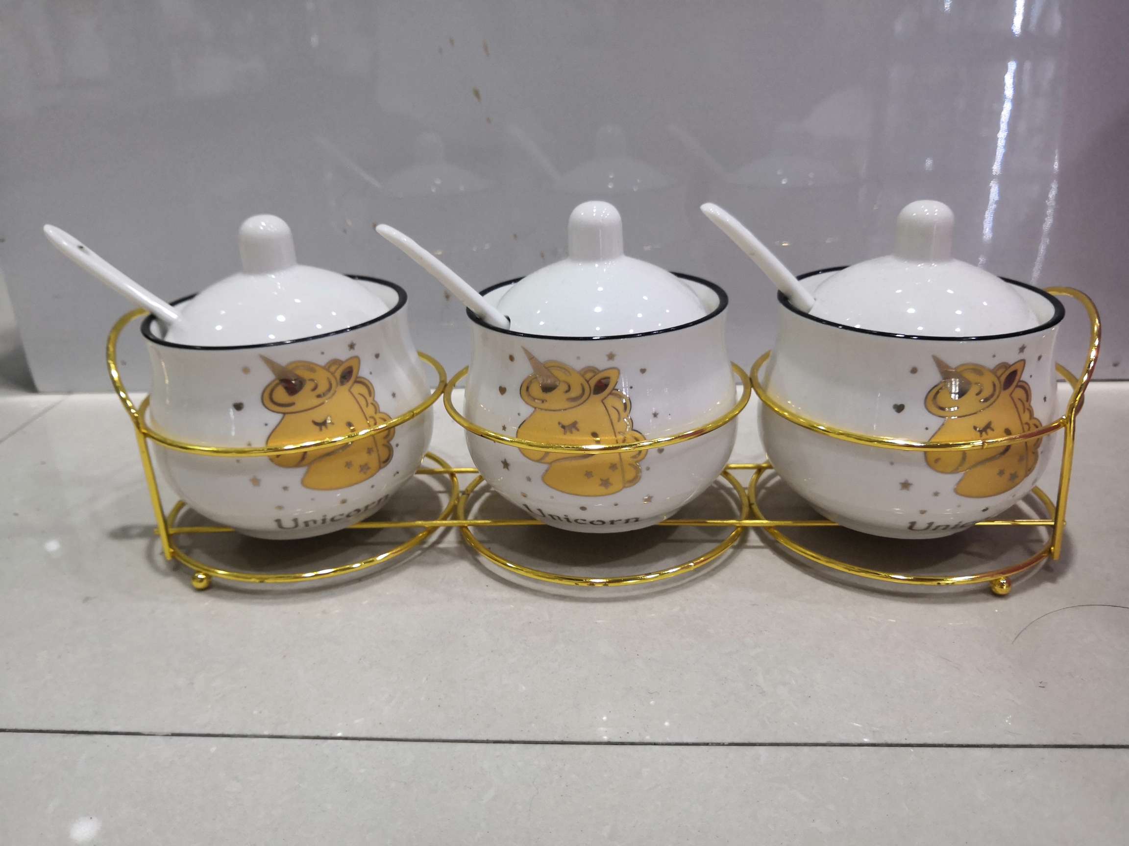 Dingmei Ceramic Gold Sticker Frame Set Three-seasoning Jar, new season model, factory direct sale, in stock direct sale Specification image