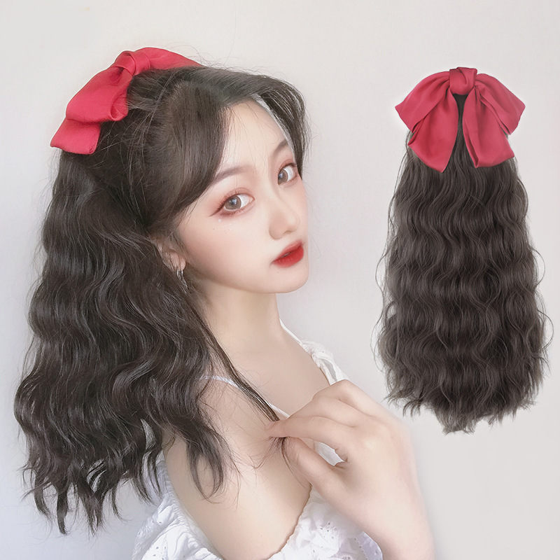 厂家批发 红色蝴蝶结假发女绑带马尾 化纤高温丝蓬松玉米须卷马尾