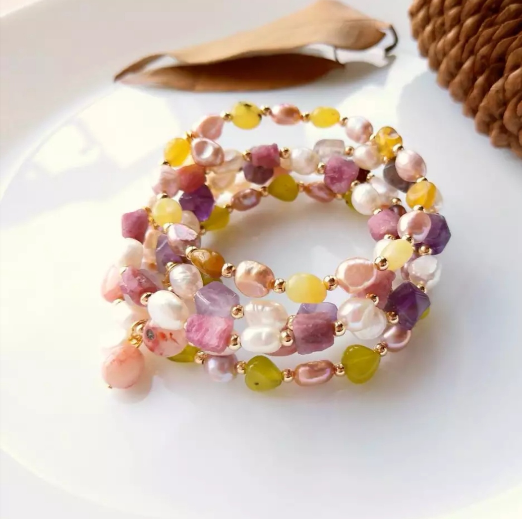 6-7mm small Baroque pearl bracelet, amethyst, lemon jade, pink tourmaline, ruby elastic bracelet, suitable for ladies or girls details Picture