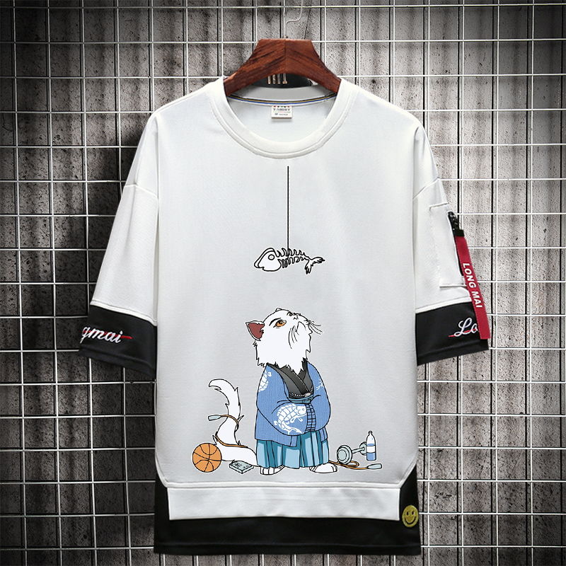 Short-sleeved men's trendy Instagram five-and-a-half-sleeved Harajuku Hong Kong-style versatile loose Korean-style top garment summer T-shirt r