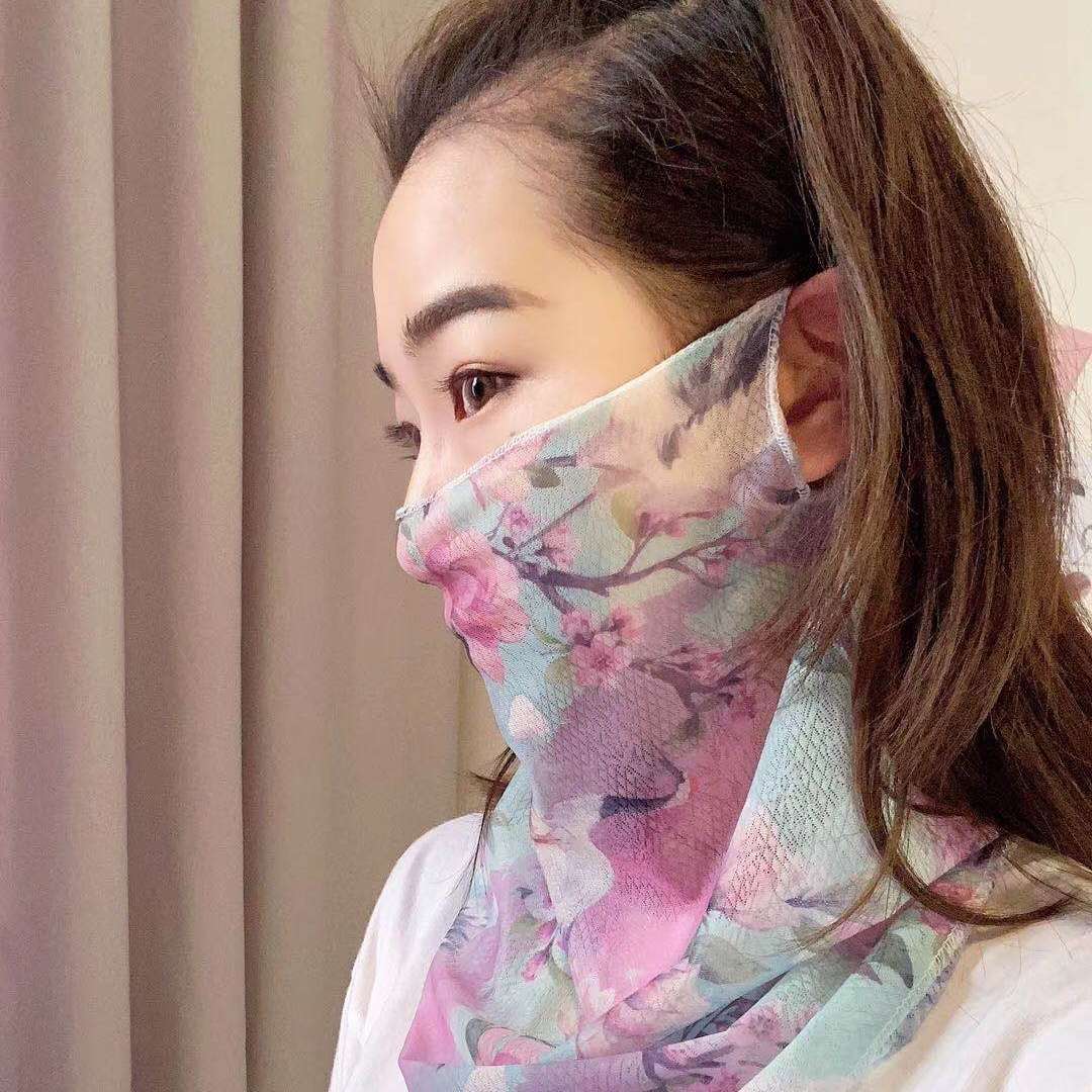 Spring/summer sun silk scarf, scarf, large mask, female neck protection, breathable, full face protection, sunscreen mask, uv protection, chiffon thin (Peach blossom) thumbnail