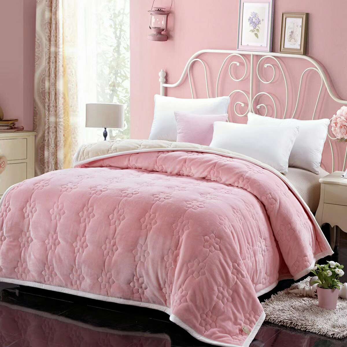 美居家纺2022年新款毛毯简约纯色双面盖毯粉红
