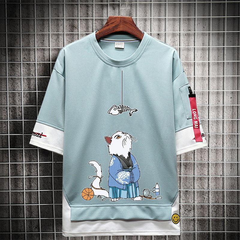 Short-sleeved men's trendy Instagram five-and-a-half-sleeved Harajuku Hong Kong-style versatile loose Korean-style top wear summer T-shirt q