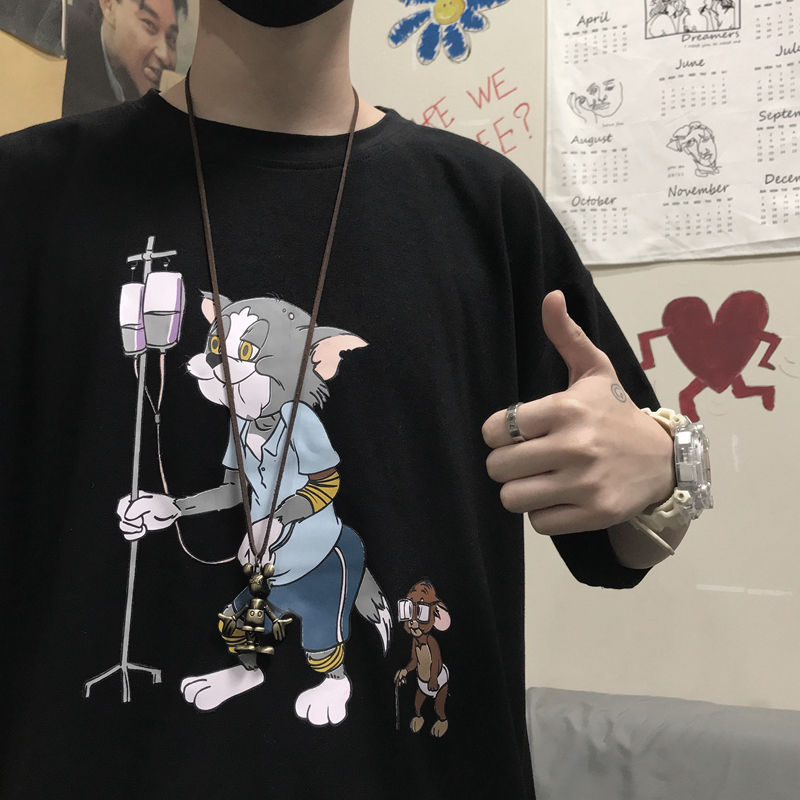 Short-sleeved men's trendy Instagram five-and-a-half-sleeved Harajuku Hong Kong-style versatile loose Korean-style top garment summer T-shirt d