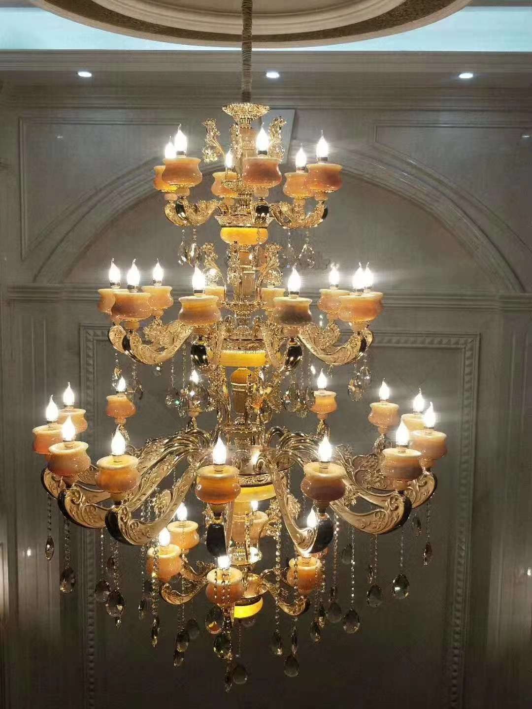Estilo europeo duplex aleación de zinc cristal candelabro natural jade villa sala de estar casa de lujo techo luminaria decorativa candelabro de casa undefined