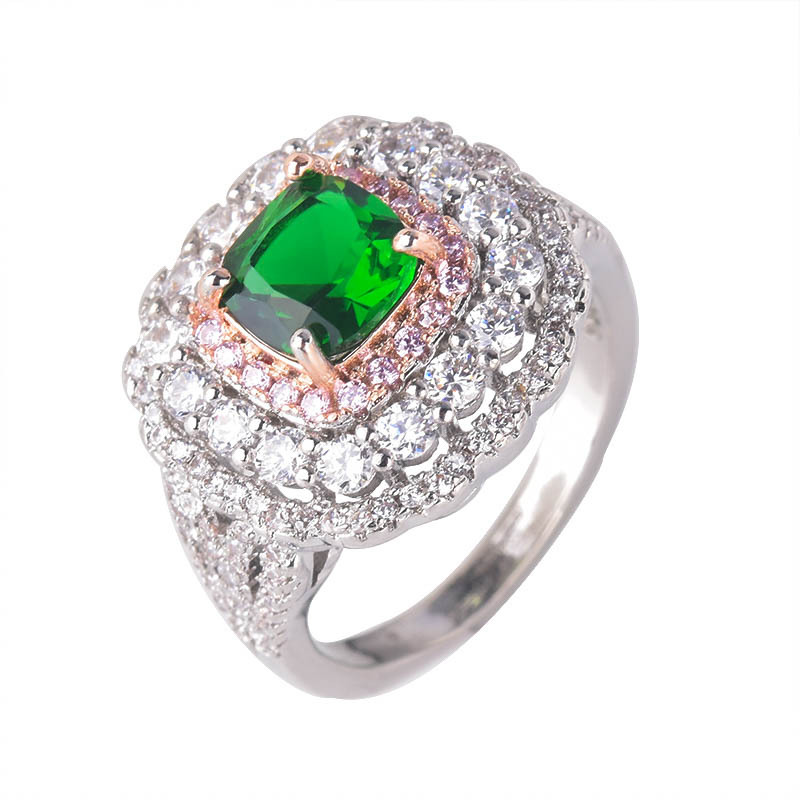 wish独立站跨境外贸爆款欧美镶嵌公主方钻祖母绿双色订婚戒指