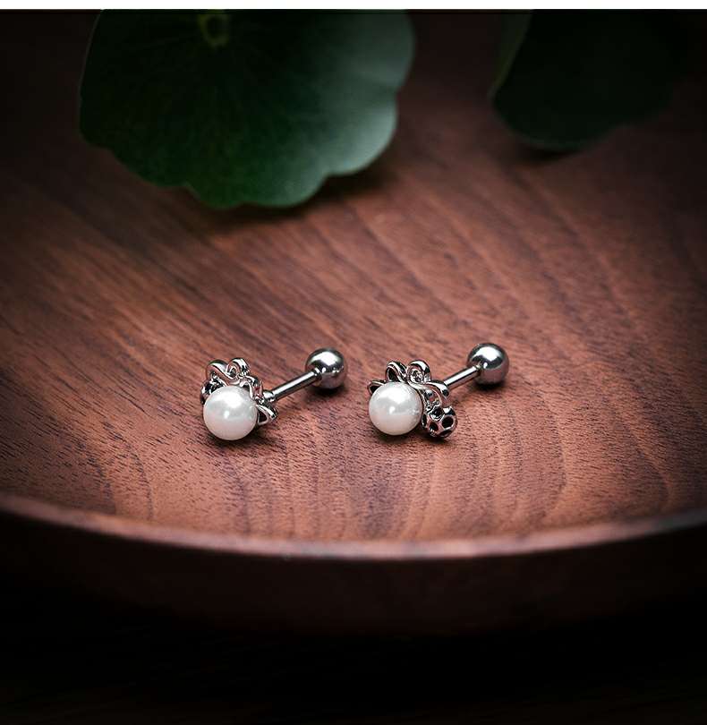 Changsheng Jewelry Titanium Steel Pearl Cat ear Stud Mini Niche Earrings Wholesale Specification image