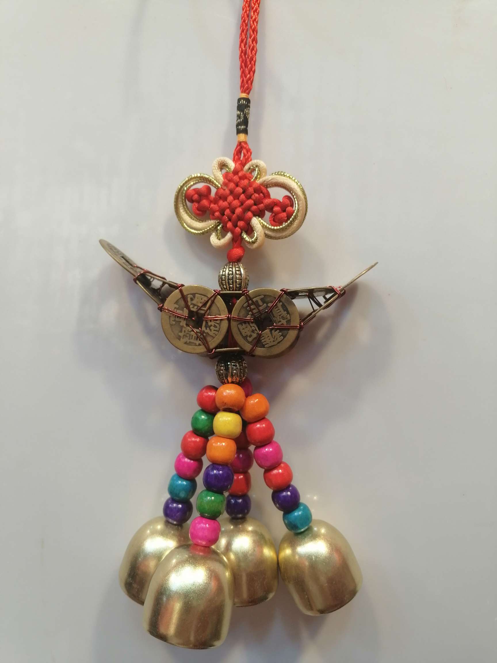 12帝铜钱新款路路通风铃 手工元宝形 圆形铜钱球木珠铜风铃挂饰产品图