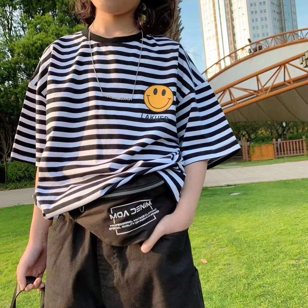 Black and white striped smiley face print T-shirt thumbnail