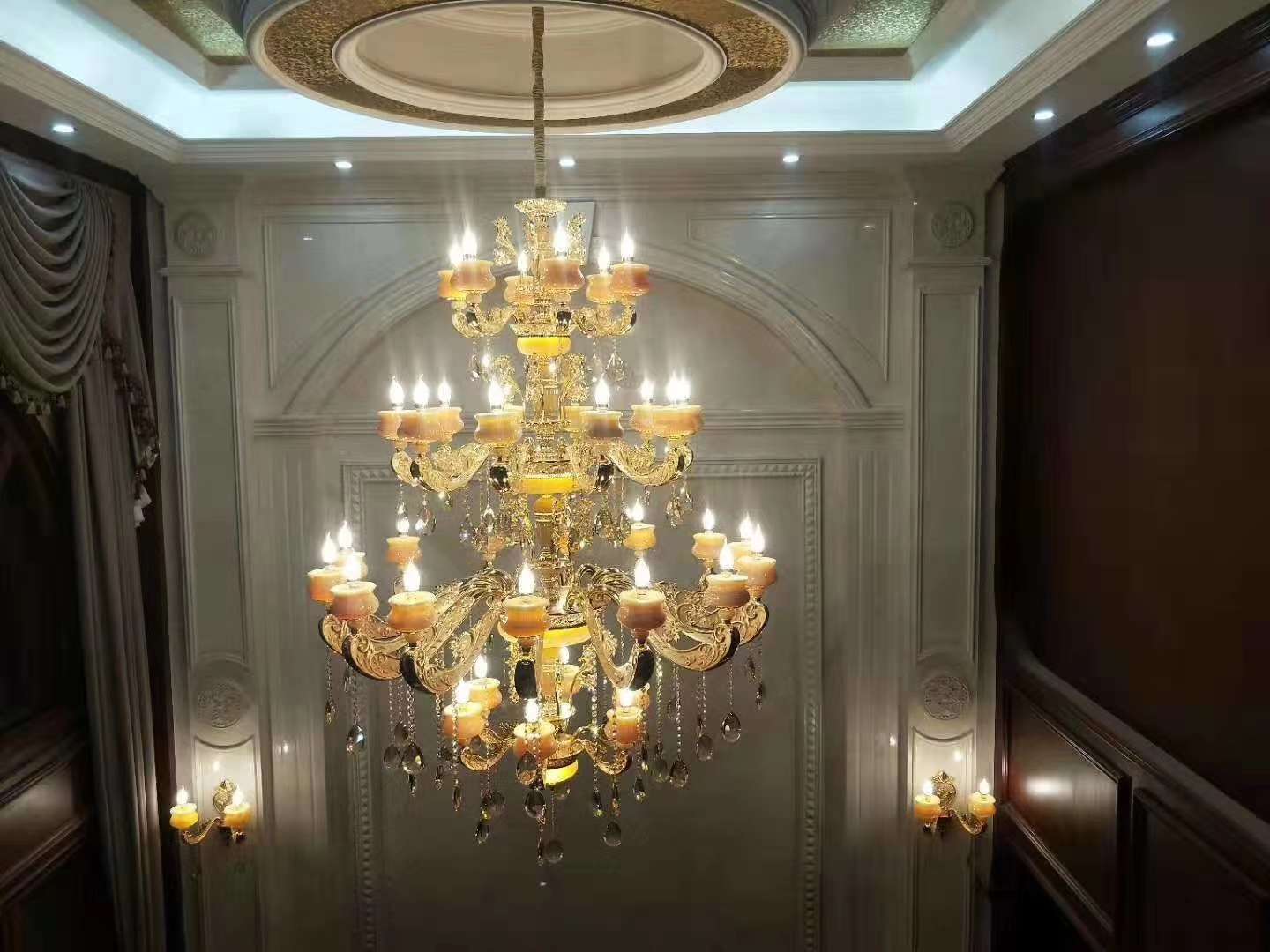 Estilo europeo duplex aleación de zinc cristal candelabro natural jade villa sala de estar casa de lujo techo luminaria decorativa candelabro de casa Specification image