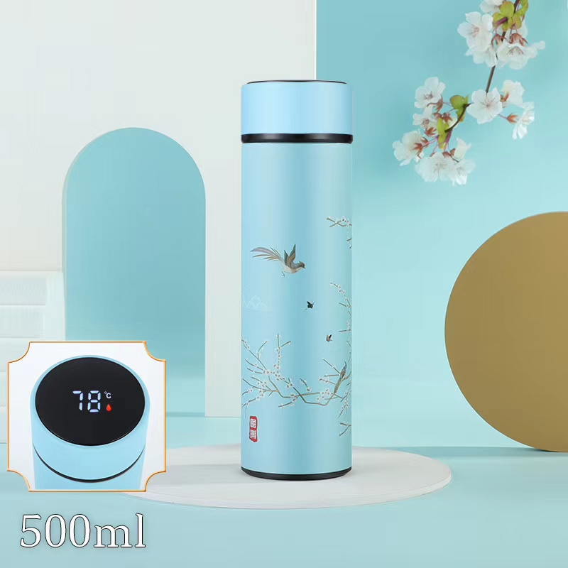 中国风国潮系列之雀跃青梅500ml纯正304真空内胆保温瓶保温杯   带温度显示盖