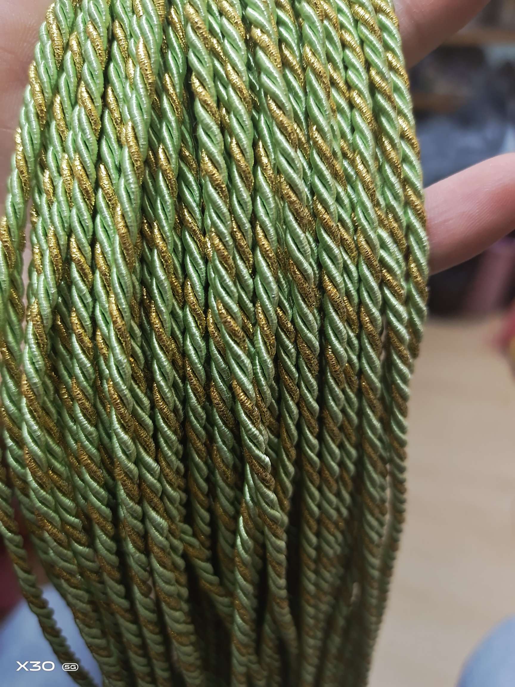 3mm single color (light yellow)+ gold polyester three-strand rope for clothing accessories, hats, bags and other accessories details Picture
