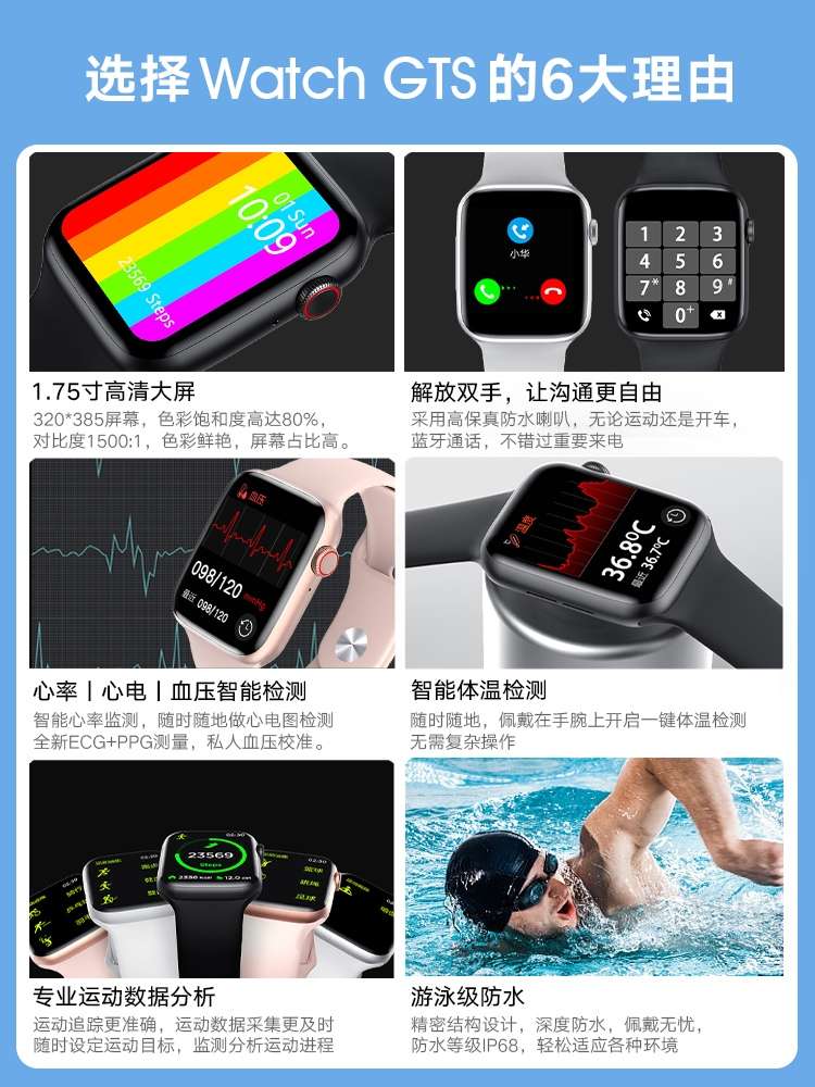 Doctor Xiang Watch GTS sports smartwatch, waterproof swimming, communication bracelet, heart rate, blood pressure, electrocardiogram, male and female students, suitable for Apple, Xiaomi, OPPO and Huawei mobile phones Application Scenario