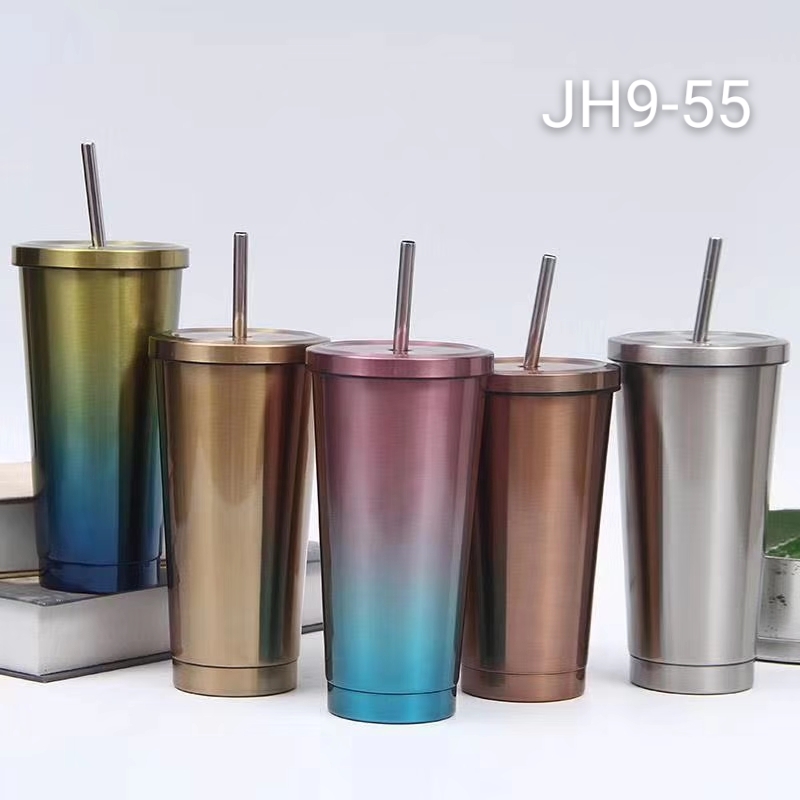 渐变吸管杯，304双层不锈钢真空带吸管杯
