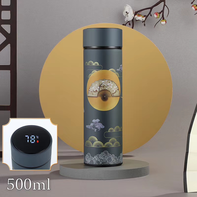China Fengguo Chao Series Of Blue Ink Cloud Fan 500Ml Pure 304 Vacuum Flask Flask With Temperature Display Cap