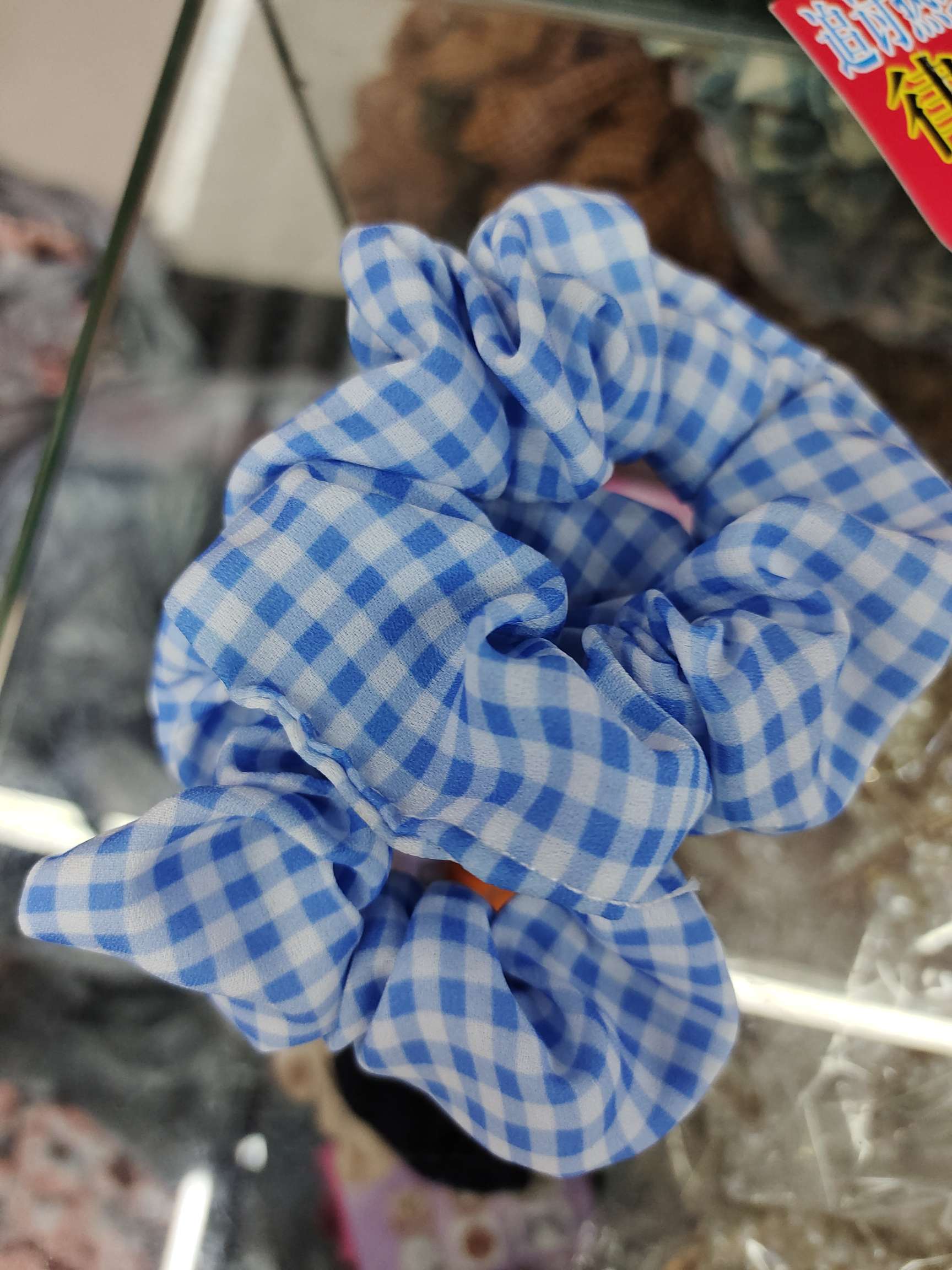 Blue checkered large intestine circle hair band