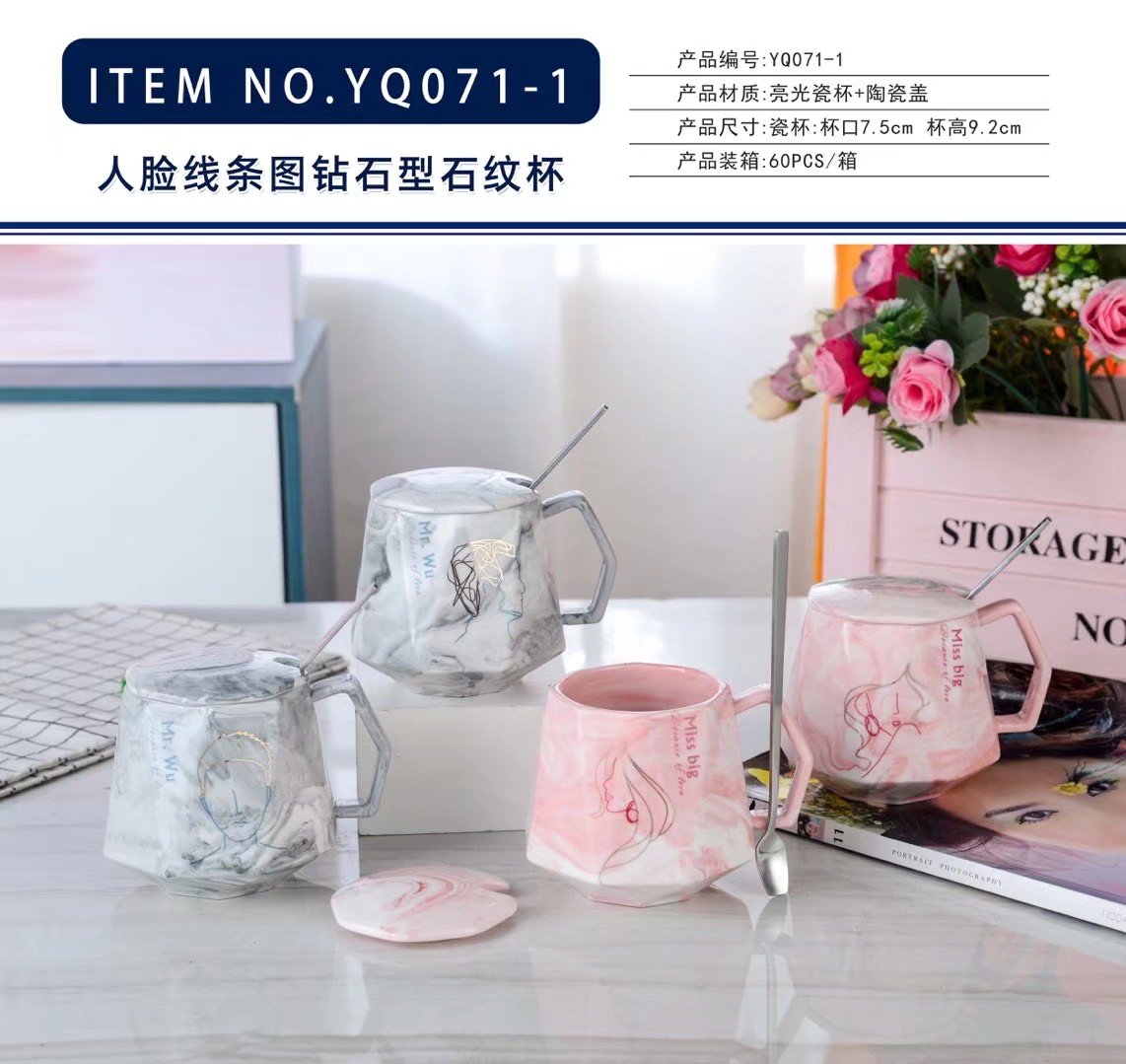 New marble-patterned diamond-shaped ceramic cups, creative mugs, coffee cups, trendy water cups, and covered spoons Specification image