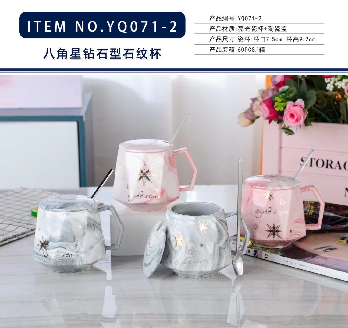 New marble-patterned diamond-shaped ceramic cups, creative mugs, coffee cups, trendy water cups, and covered spoons