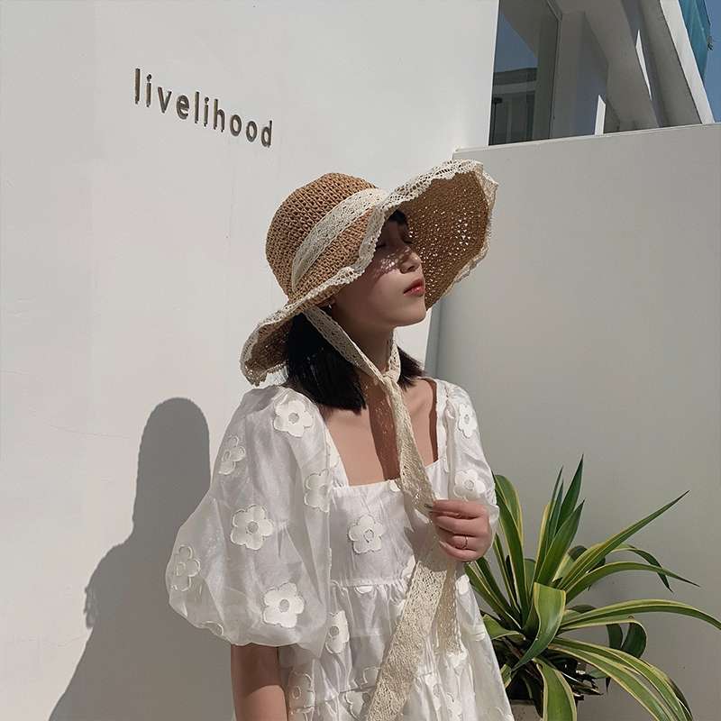Chapeau Chapeau De Paille Femme Version Coréenne Marée Polyvalent Style Japonais Été Mince Respirant Dentelle Dentelle Ajourée Petite Corde Fraîche Coupe-Vent Détails image