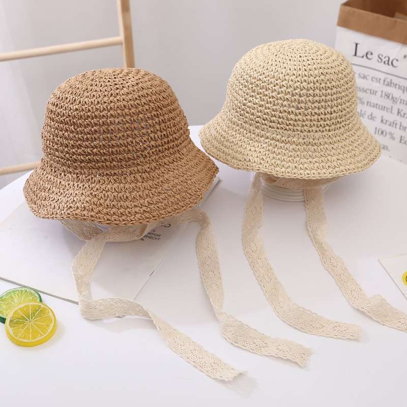 Children's Straw Hat Baby Summer Sun Block Hat Baby Cool Hat Thin Girl's Korean Lace Strap Fisherman Hat