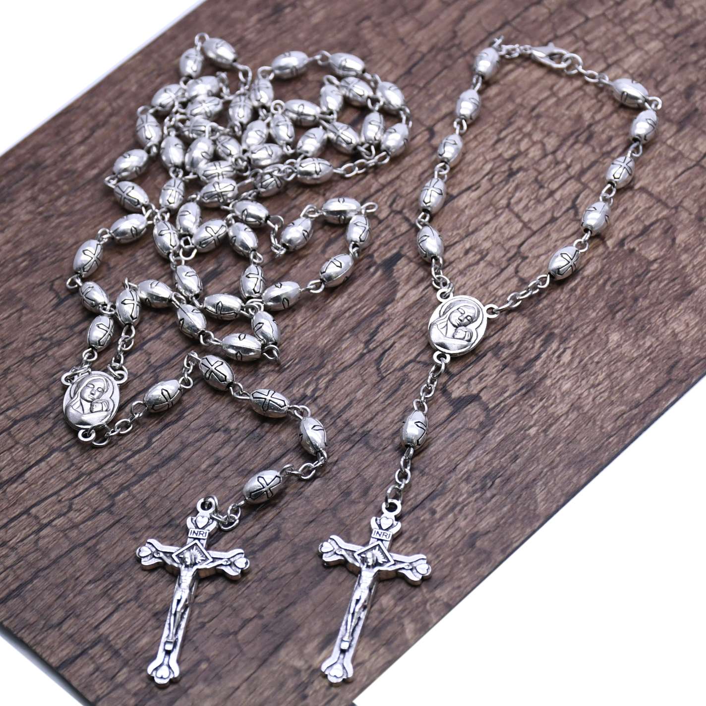 Retro silver metal cross rosary beads necklace bracelet set prayer beads thumbnail