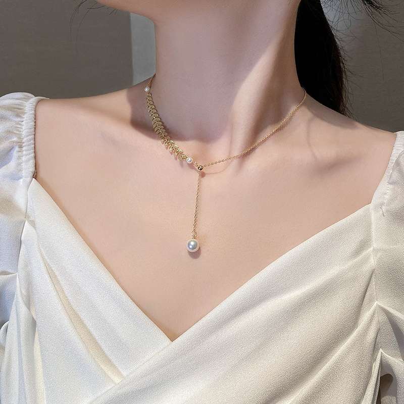 简约爆款钛钢麦穗项链 时尚18k镀金珍珠流苏吊坠项链