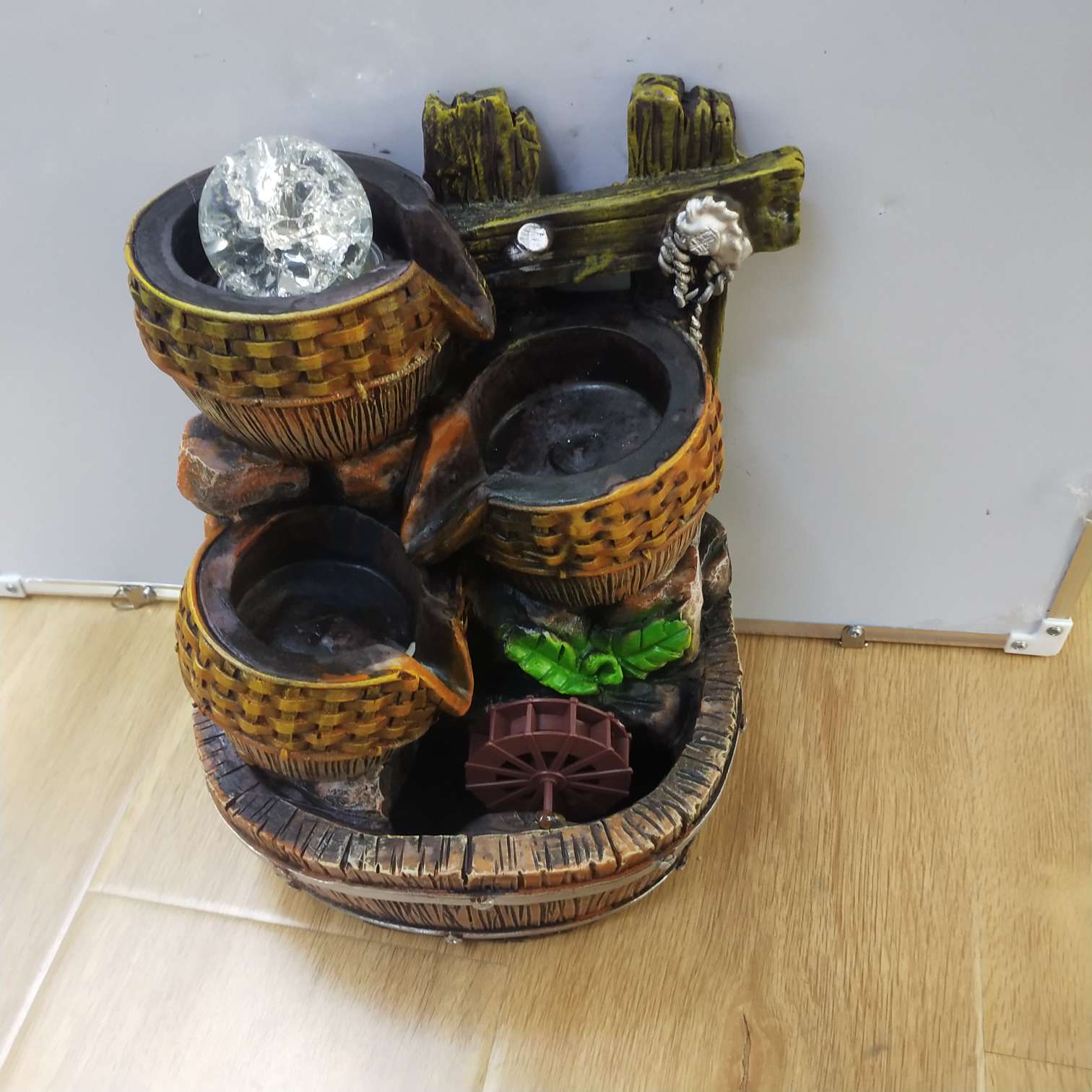 复古竹篓流水摆件 循环水景家居桌面装饰  三层竹篓流水摆件 带水晶球办公室桌面工艺品 仿古木桶水车喷泉 新中式客厅