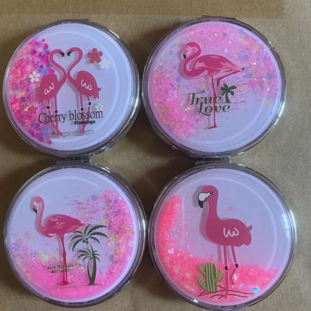 新款流沙系列火烈鸟洗脸图双面折叠便携化妆镜